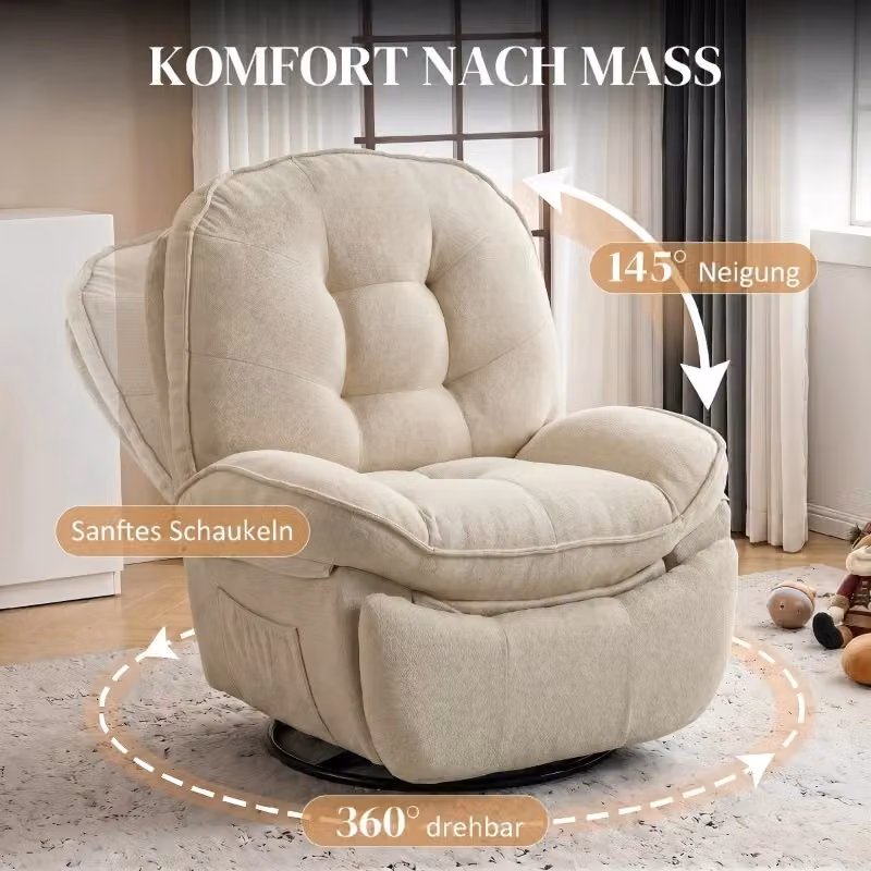 Poltrona Relax REDOM girevole a 360 gradi con funzione dondolo e reclinabile, rivestimento in tessuto beige per soggiorno – 2