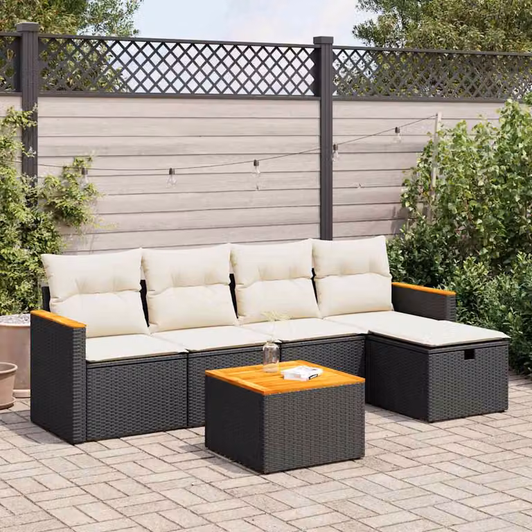 Set Divano da Giardino a L vidaXL in Polyrattan Nero con 6 Cuscini Imbottiti e Tavolino da Esterno