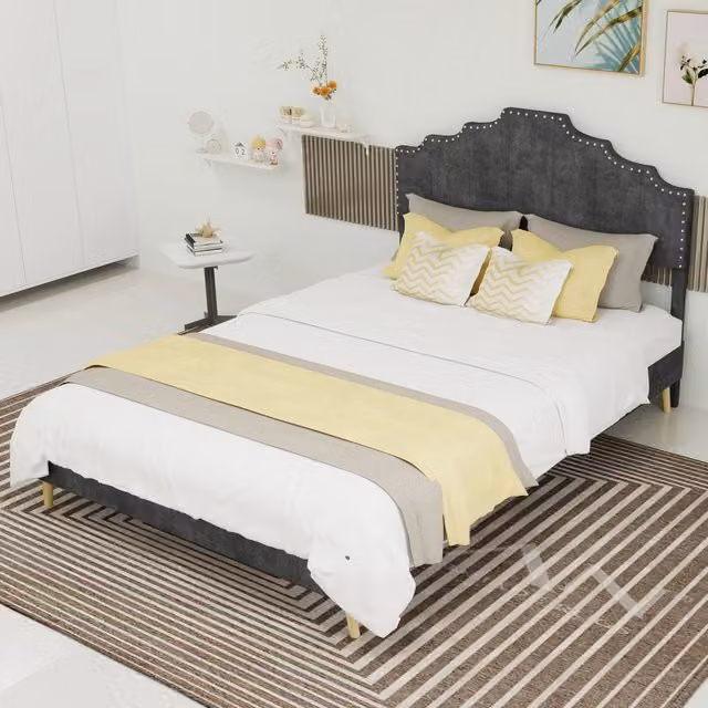 Letto matrimoniale imbottito 140 × 200 cm 2 posti con testiera geometrica, senza materasso, grigio in tessuto