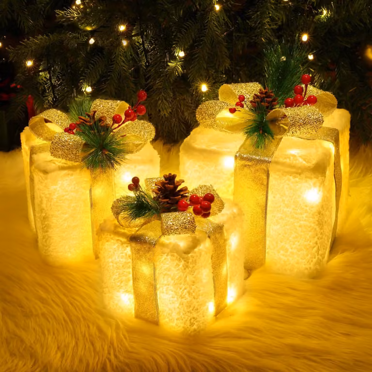 Set di 3 scatole regalo a LED, con 60 LED bianco caldo, timer e grado di protezione IP44