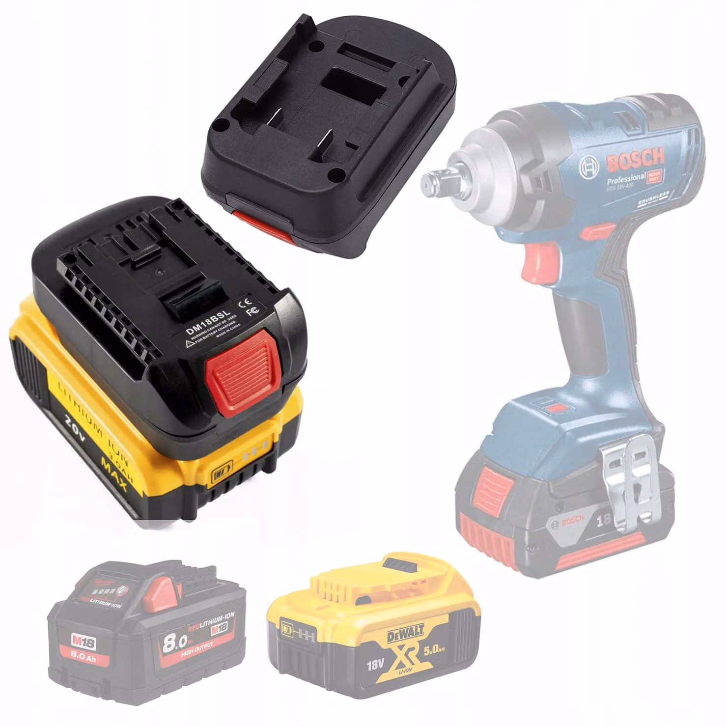 Adattatore per batterie Dewalt/Milwaukee da 18V a Bosch 18V, con porta USB 5V/2,1A