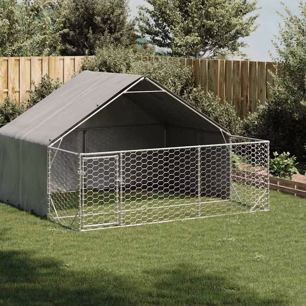 Cuccia per cani da esterno con recinto vidaXL in acciaio zincato grigio L: 300 cm, P: 300 cm, H: 190 cm