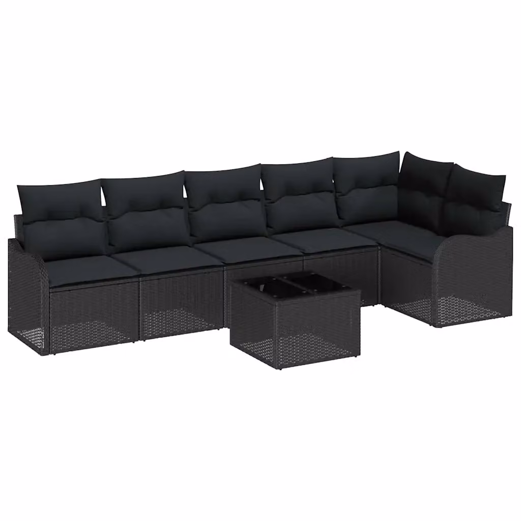 Set Divano da Giardino vidaXL 7 Pezzi a Forma di L con Tavolino e Pouf, Colore Nero e Grigio, Struttura in Metallo e Polyrattan con Cuscini Inclusi – 2