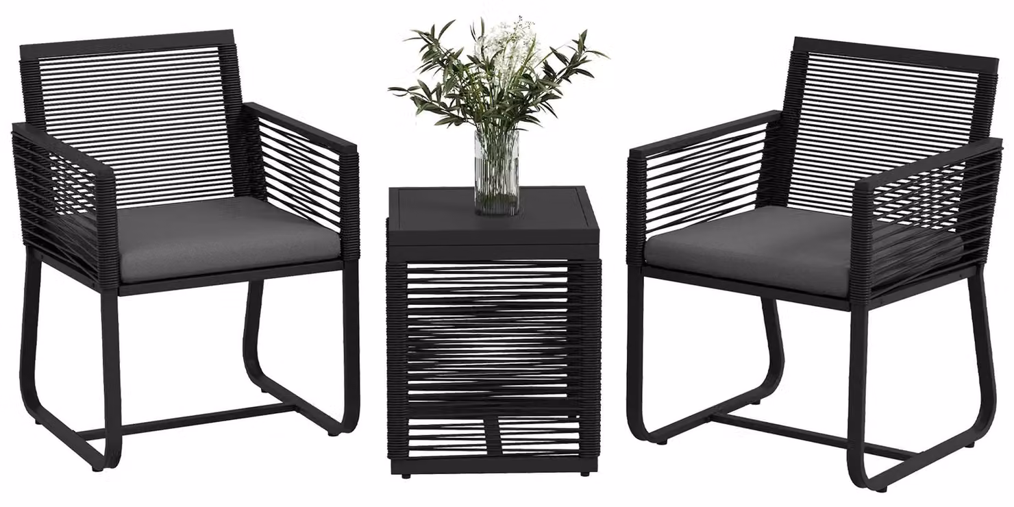 Set di mobili da giardino in rattan - 3 pezzi - 2 posti a sedere - Con cuscini - Struttura in metallo - Rivestimento in polvere - Colore nero