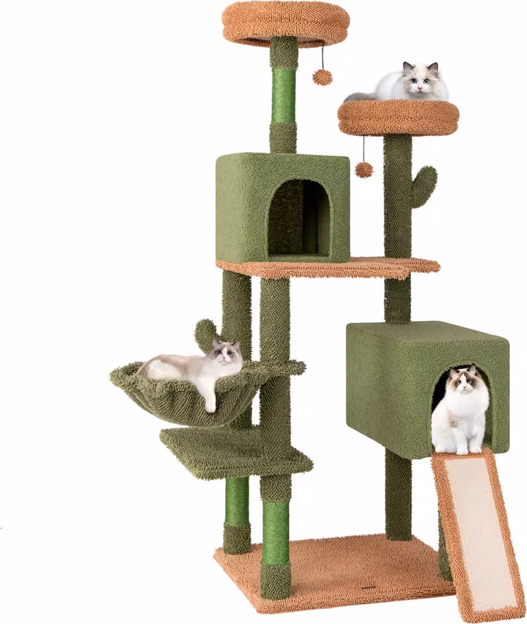 COSTWAY Albero per gatti cactus alto 160 cm, albero per gatti con piattaforme, giocattoli, paletti in sisal, scala, cesto e 2 grotte per gatti, torre per gatti in legno, verde, marrone