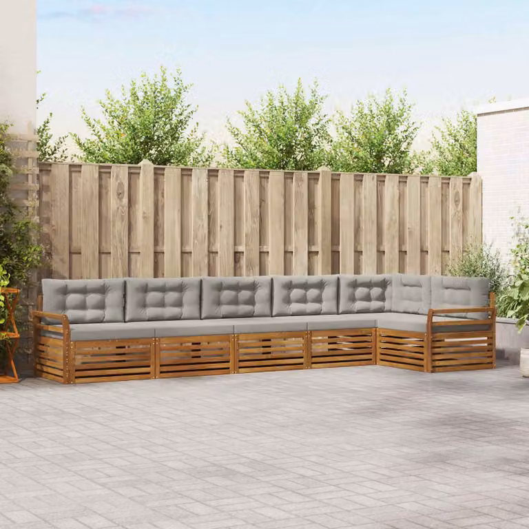 vidaXL Set di divani da esterno a L in legno di acacia con cuscini, 6 pezzi, Grigio