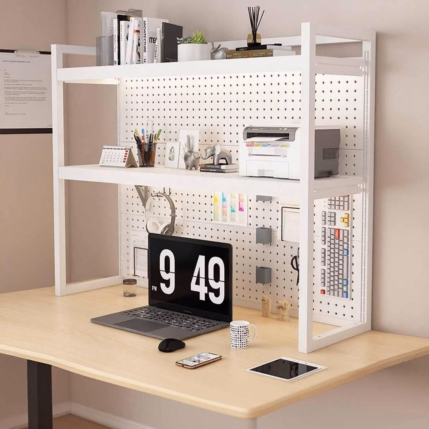 Scaffale da scrivania bianco, a due ripiani, 130 cm, ideale per studenti, uffici o studi