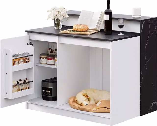 Isola da Cucina con Bancone Bar 120×80×100 cm; Tavolo Multifunzionale con Zona Pet e Piano Effetto Marmo Nero