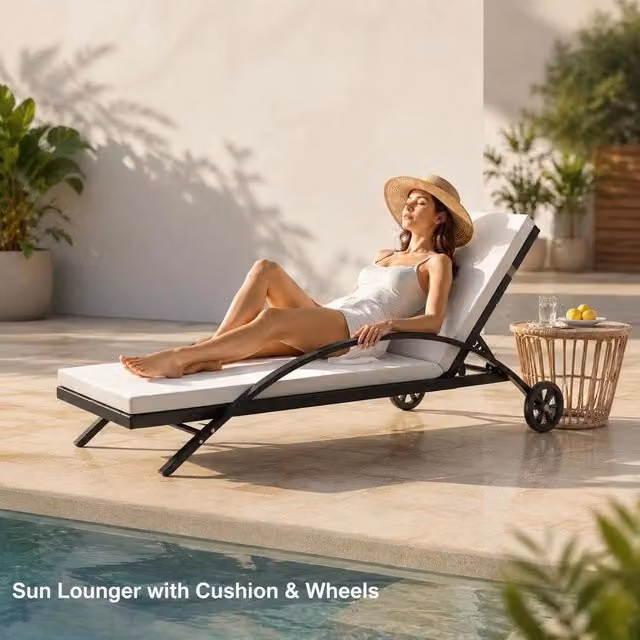 Sun Lounger With Cushion & Wheels, Poly Rattan, Black