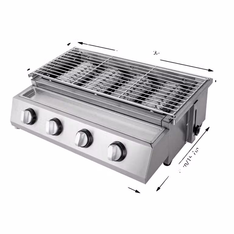Barbecue a gas, struttura in acciaio inossidabile, sistema a 4 bruciatori, colore argento