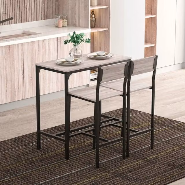 Tavolo da pranzo alto con 2 sedie schienale alto e poggiapiedi per cucina e sala da pranzo in MDF naturale