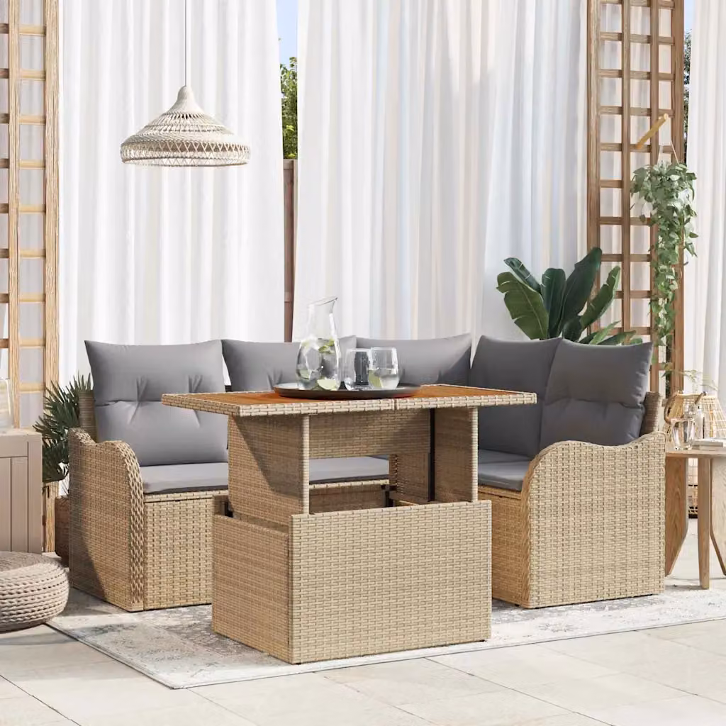 Set Divano da Giardino 5 Pezzi vidaXL in Rattan Beige con Cuscini e Tavolino – 1