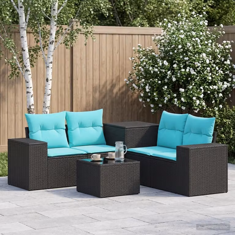 Set di divani da giardino vidaXL 6 pezzi a forma di U in rattan e acciaio nero e blu con cuscini inclusi