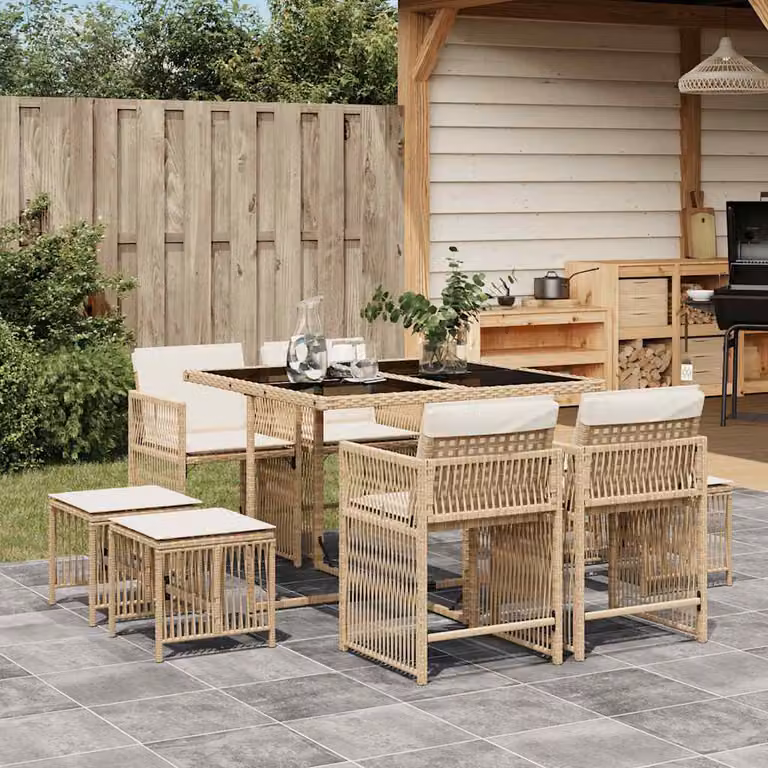 vidaXL Set da Pranzo da Giardino 9 pz in Polyrattan con Cuscini Beige e Piano in Vetro