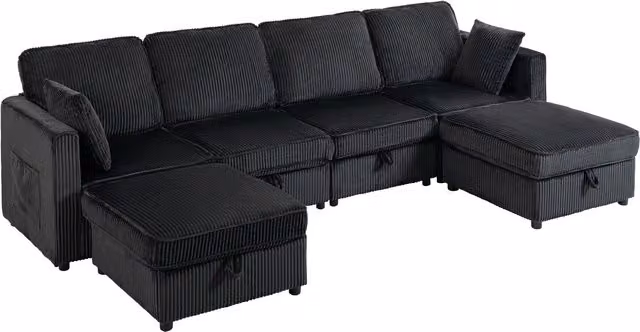 Divano angolare a U HOMCOM da 4 posti in tessuto grigio con pouf contenitore e 4 cuscini, Larghezza: 306 cm