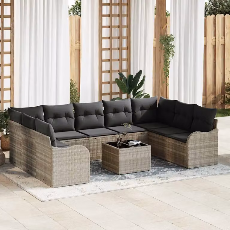Set Divano da Giardino vidaXL 10 Pezzi a Forma di L in Polyrattan Grigio con Cuscini e Tavolino da Esterno