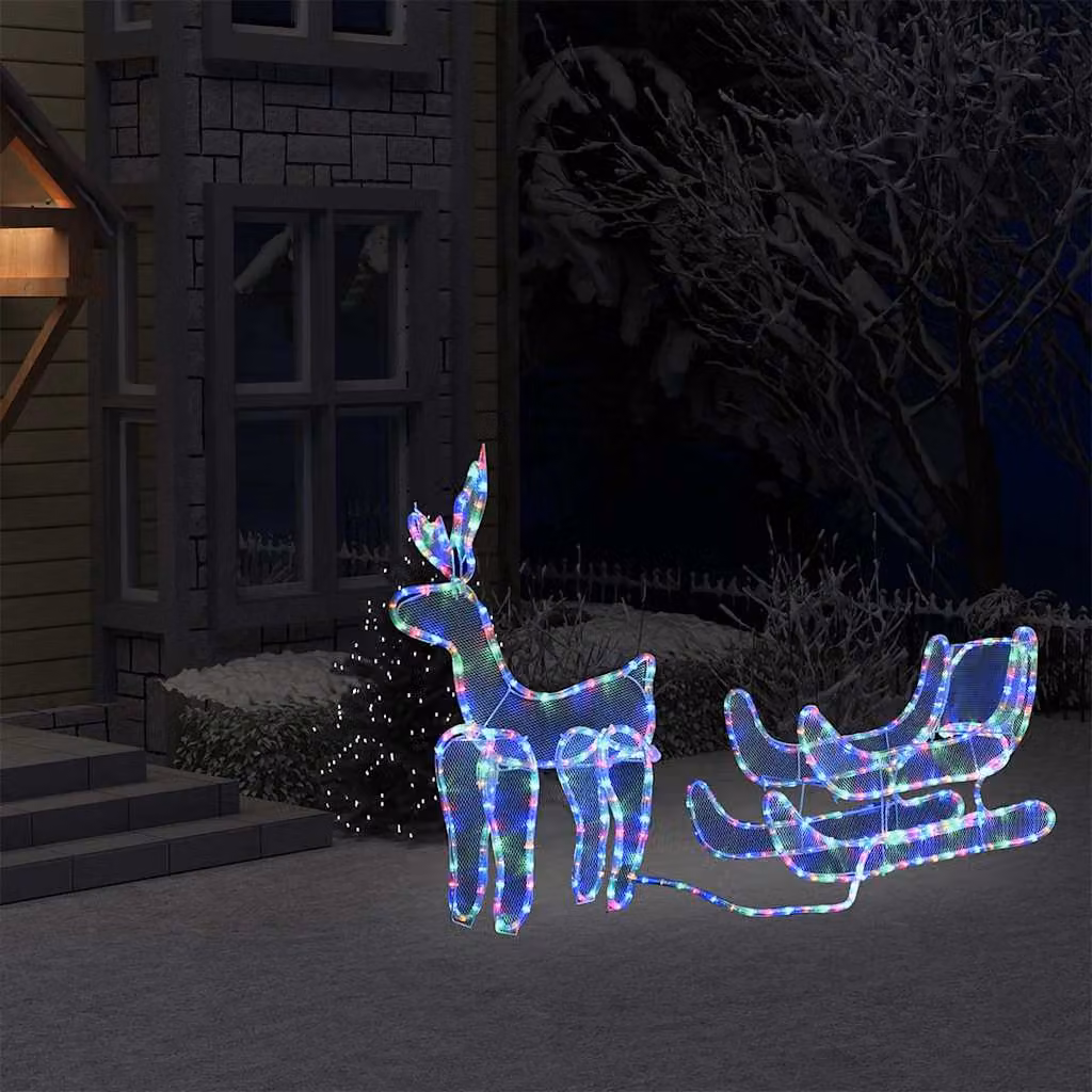 vidaXL Decorazione Luminosa Natalizia Slitta e Renna con Rete Multicolore 432 LED