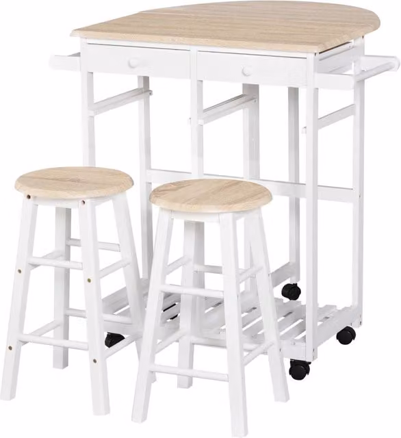 Set Tavolo da Bar Pieghevole con Ruote 2 Cassetti e Ripiano con 2 Sgabelli in Legno di Pino e MDF Bianco e Rovere Salvaspazio per Cucina