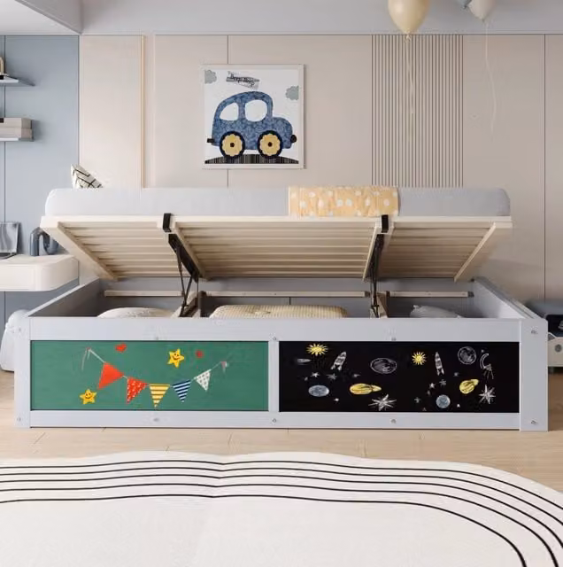 Letto singolo ULEVR 90x200 cm con vano idraulico, lavagna e pannello in feltro, grigio