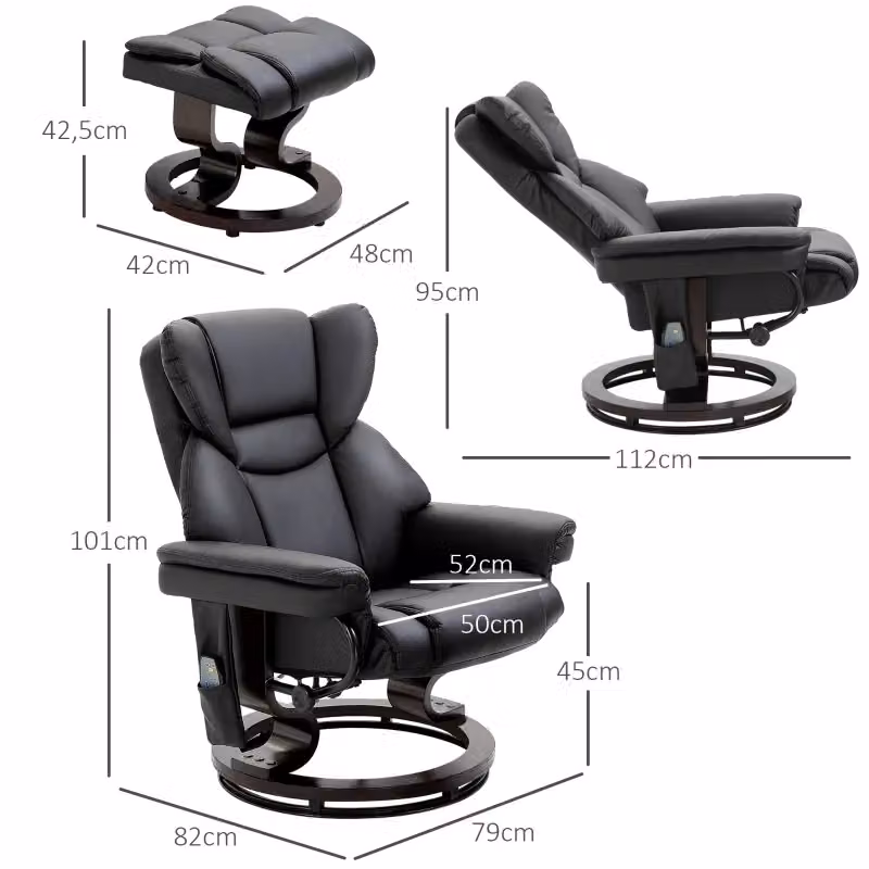 Poltrona relax WISHDOR con funzione massaggio, poggiapiedi incluso e rotazione a 360 gradi in pelle sintetica nera – 2