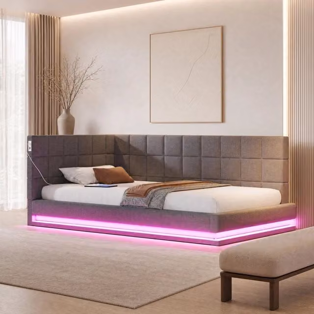 Divano Letto Imbottito 90x200 con LED, Presa USB e Rete a Doghe, Tessuto di Lino Grigio