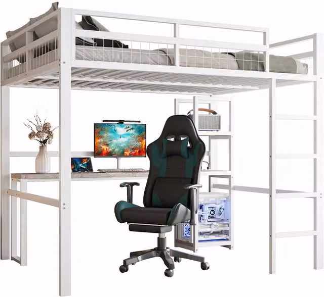 Letto a castello REDOM in metallo bianco con scrivania, ripiani e porta USB Type-C, L/P: 140 x 200 cm