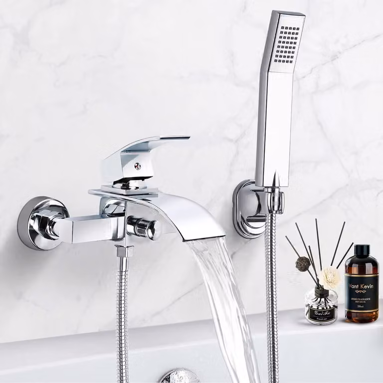 Miscelatore per doccia, altezza 59 cm, in ottone cromato, da montare a parete