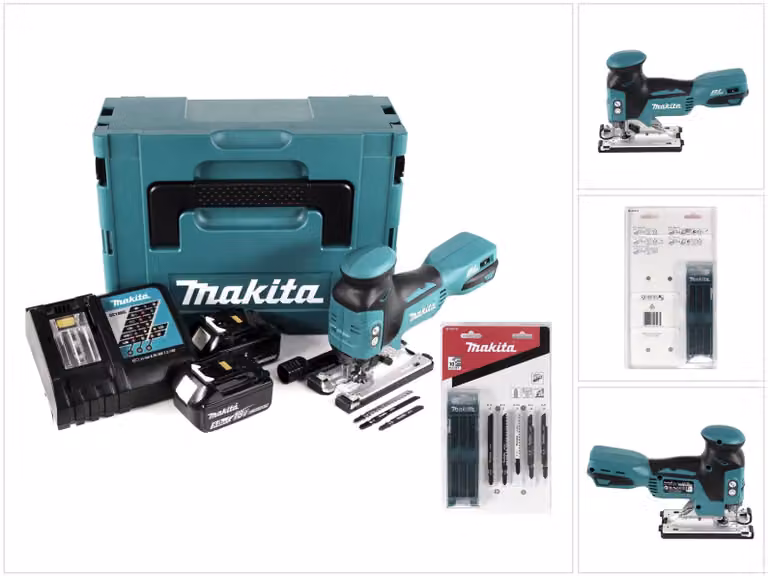 Makita DJV 181 RTJ Seghetto alternativo a batteria 18V in valigetta Makpac + 2x Batterie BL 1850 B 5,0 Ah + Caricatore rapido DC 18 RC + Makita Assortimento A di lame per seghetto alternativo ( B-44410 )