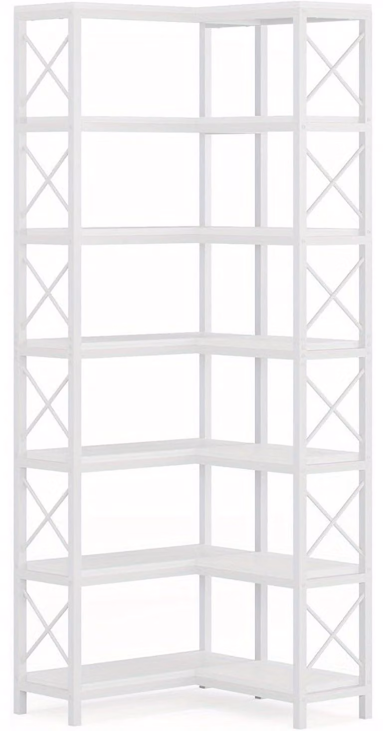 Libreria angolare – scaffale angolare con 7 ripiani – design industriale – struttura in metallo robusta – bianca – vani a giorno