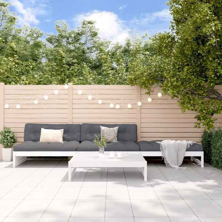 The Living Store Set da giardino 4 pezzi con cuscini in legno massiccio bianco