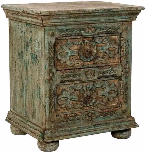 Comodino in legno artigianale, blu, con 2 cassetti, 50x40x60h cm