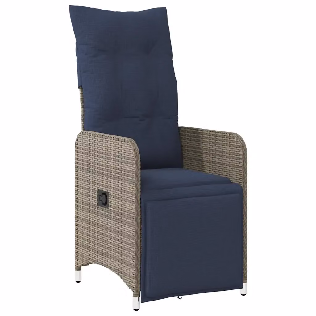 Sedia da giardino reclinabile vidaXL in polyrattan grigia con cuscini blu e poggiatesta regolabile – 2