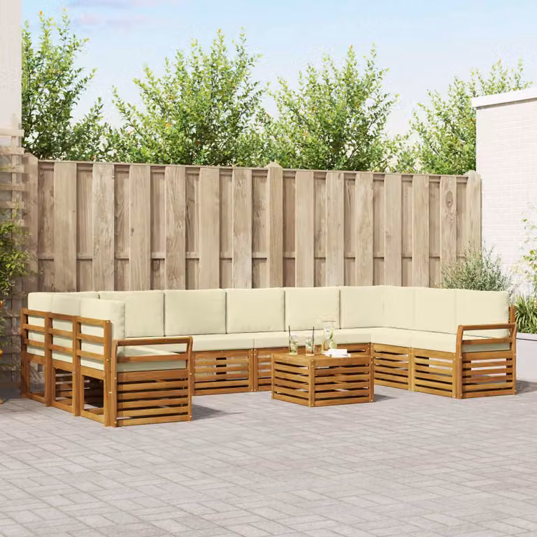 Set di divani da esterno vidaXL 11 pezzi in legno di acacia con cuscini, colore naturale e crema