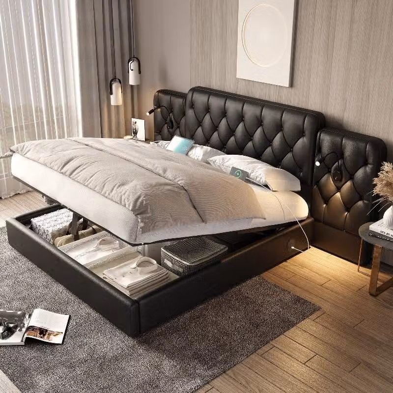 Letto imbottito 160x200 cm, nero, con spazio contenitore a sollevamento idraulico, testiera imbottita alta, prese USB e luci da lettura