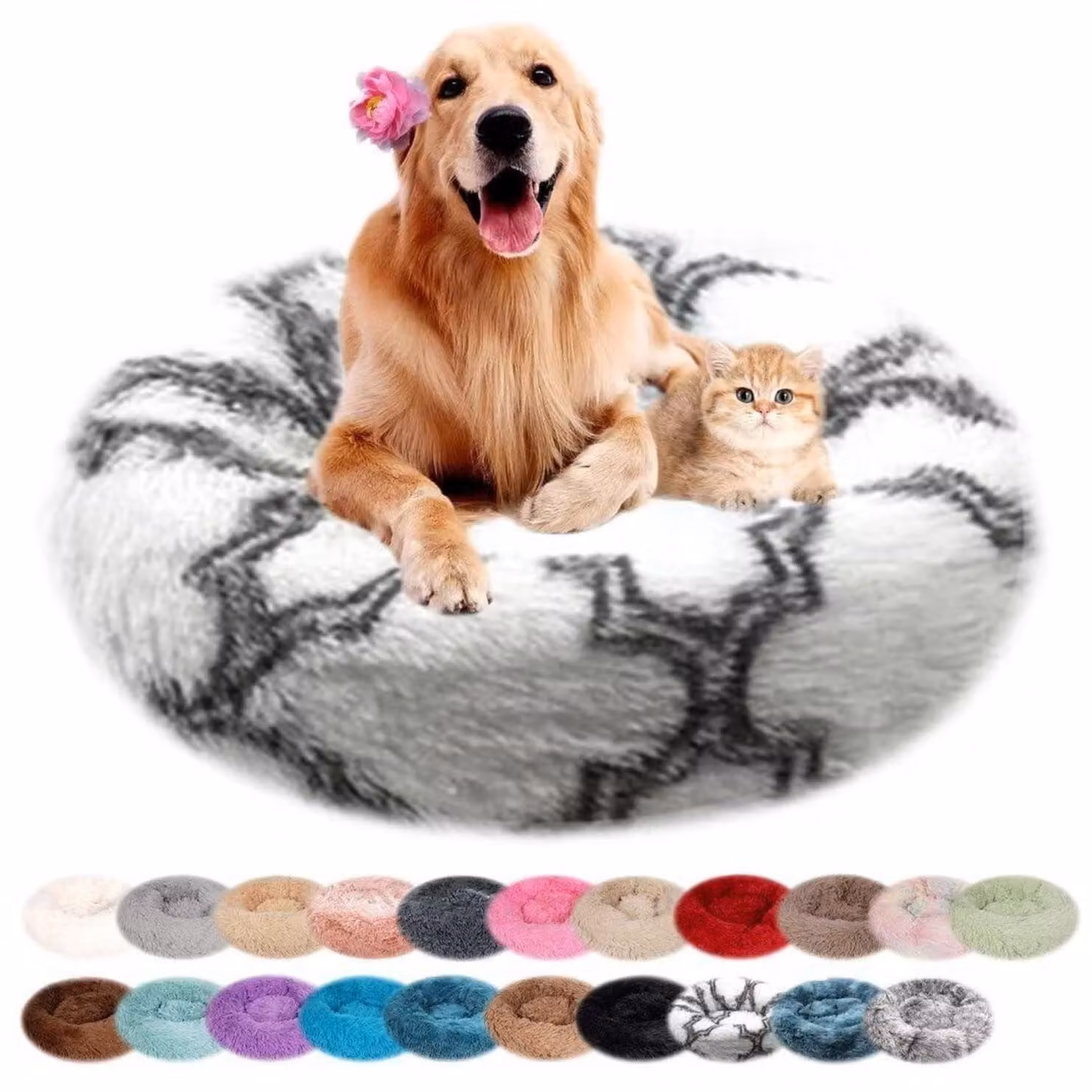 Cuccia per cani, forma rotonda, in peluche, lavabile, grigia e bianca, diametro 40 cm