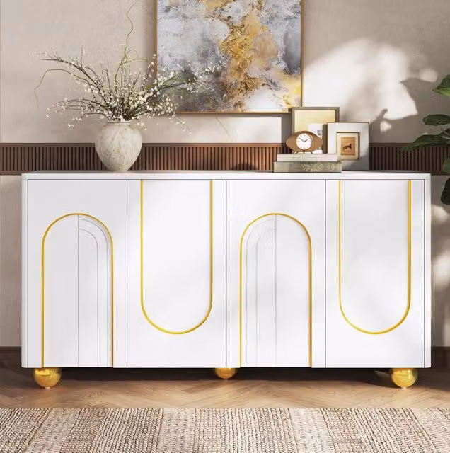 Credenza ULEVR 140x40x74 cm con 4 ante, ripiani interni e decoro ad arco dorato, bianca