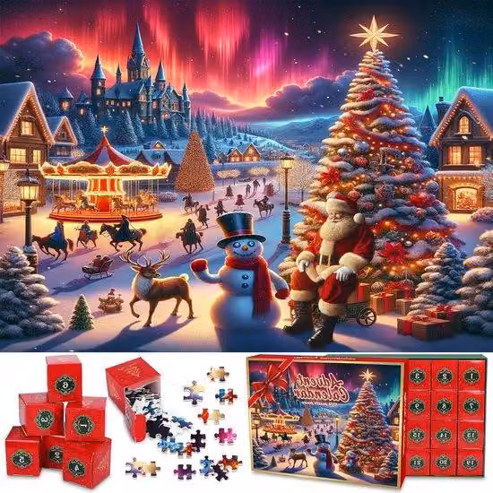 Calendario dell'Avvento a forma di puzzle per bambini 2024 - 24 blocchi con 1008 pezzi per il periodo natalizio