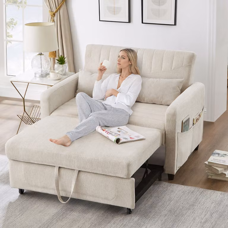 STILVORA Divano letto a due posti con schienale regolabile in tre posizioni, rivestito in tessuto traspirante di cotone e lino, beige