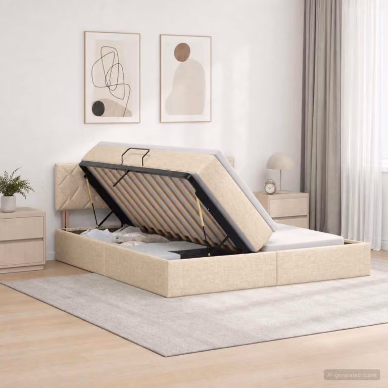 Letto con contenitore e testiera vidaXL in ecopelle color crema, L/P/H: 200 x 200 x 88 cm