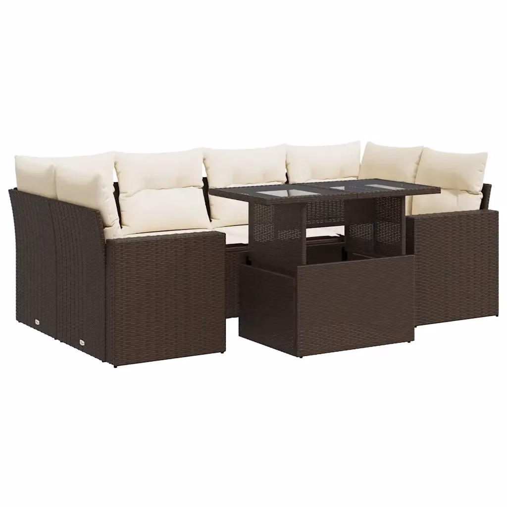 Set da giardino vidaXL composto da 7 pezzi in polyrattan marrone con cuscini e tavolino da esterno – 2