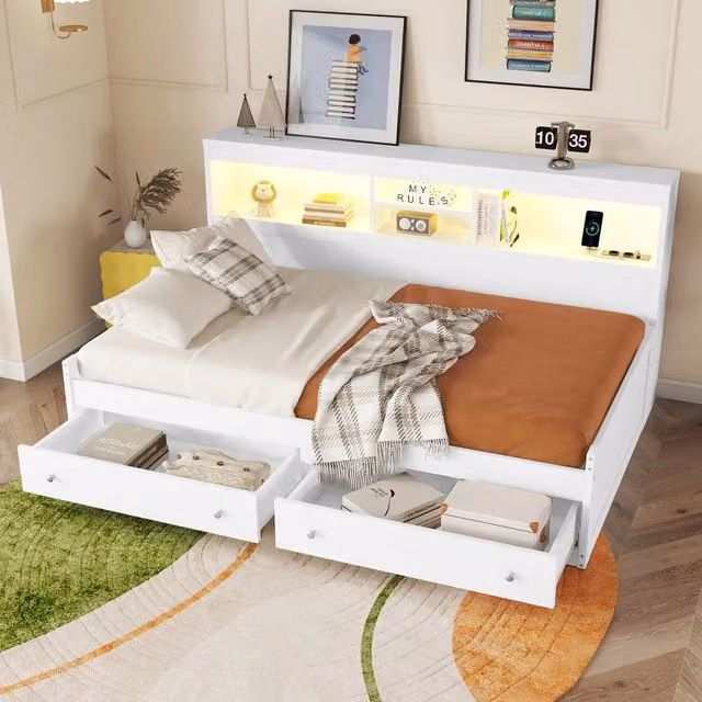 Letto da giorno 90x200 con due cassetti, illuminazione LED e prese USB