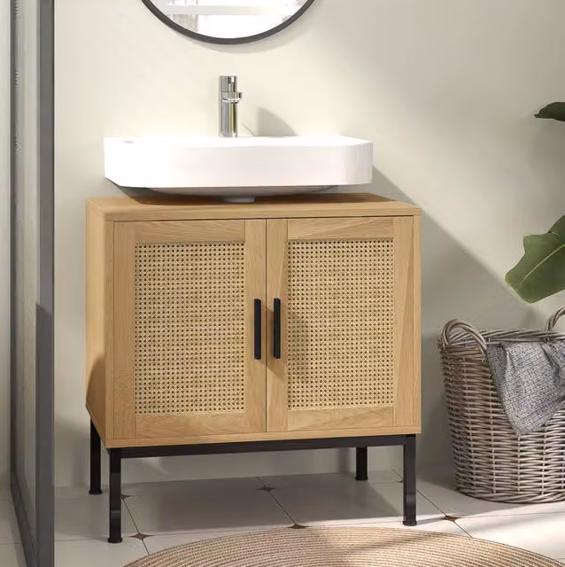 Mobile sottolavabo ULEVR 60x39x60 cm con 2 ripiani, ante effetto rattan e gambe in metallo, effetto rovere