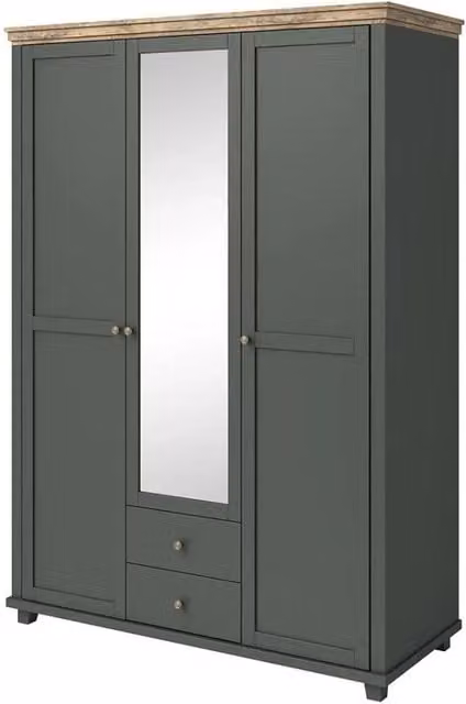 Armadio Meublorama Collezione ASSIA con 3 ante, 2 cassetti e specchio, colore verde e quercia, L: 150 cm, H: 220 cm, P: 62 cm