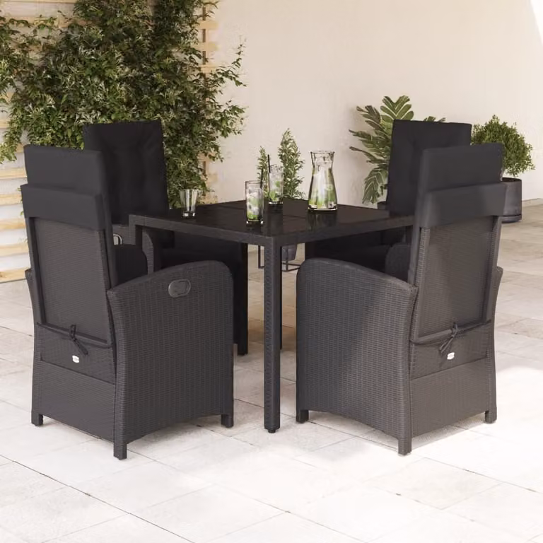 Set da Pranzo da Giardino vidaXL 5 pz Nero con Cuscini in Polyrattan e Tavolo in Vetro