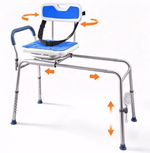 Sgabello scorrevole per vasca da bagno VEVOR con sedile girevole 360°, braccioli e schienale, altezza regolabile, colore blu, L 1035 x P 540 x H 1020 mm