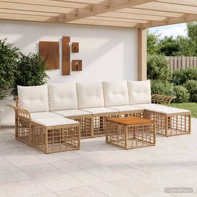 Set di divani da esterno vidaXL 8 pezzi per 7 persone in stile rustico con colori beige, bianco e marrone, compreso tavolo da caffè, pouf e cuscini in tessuto resistente ai raggi UV – 1