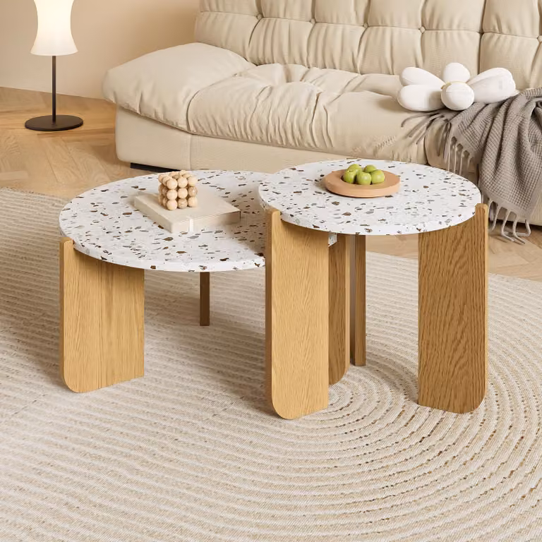 MODFU tavolino da salotto tavolo rotondo set di 2 per soggiorno, camera da letto balcone, tavolino da caffè tavolino da divano con struttura in legno, bianco + legno colore