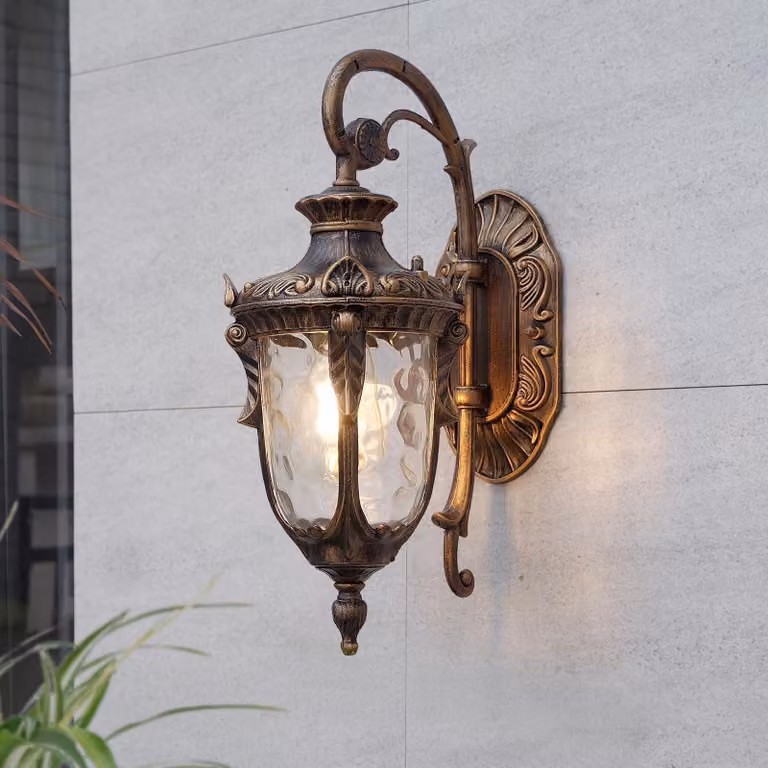 Lampada da parete esterna, stile vintage, alluminio/vetro, attacco E27, colore marrone, dimensioni 43x23x43 cm