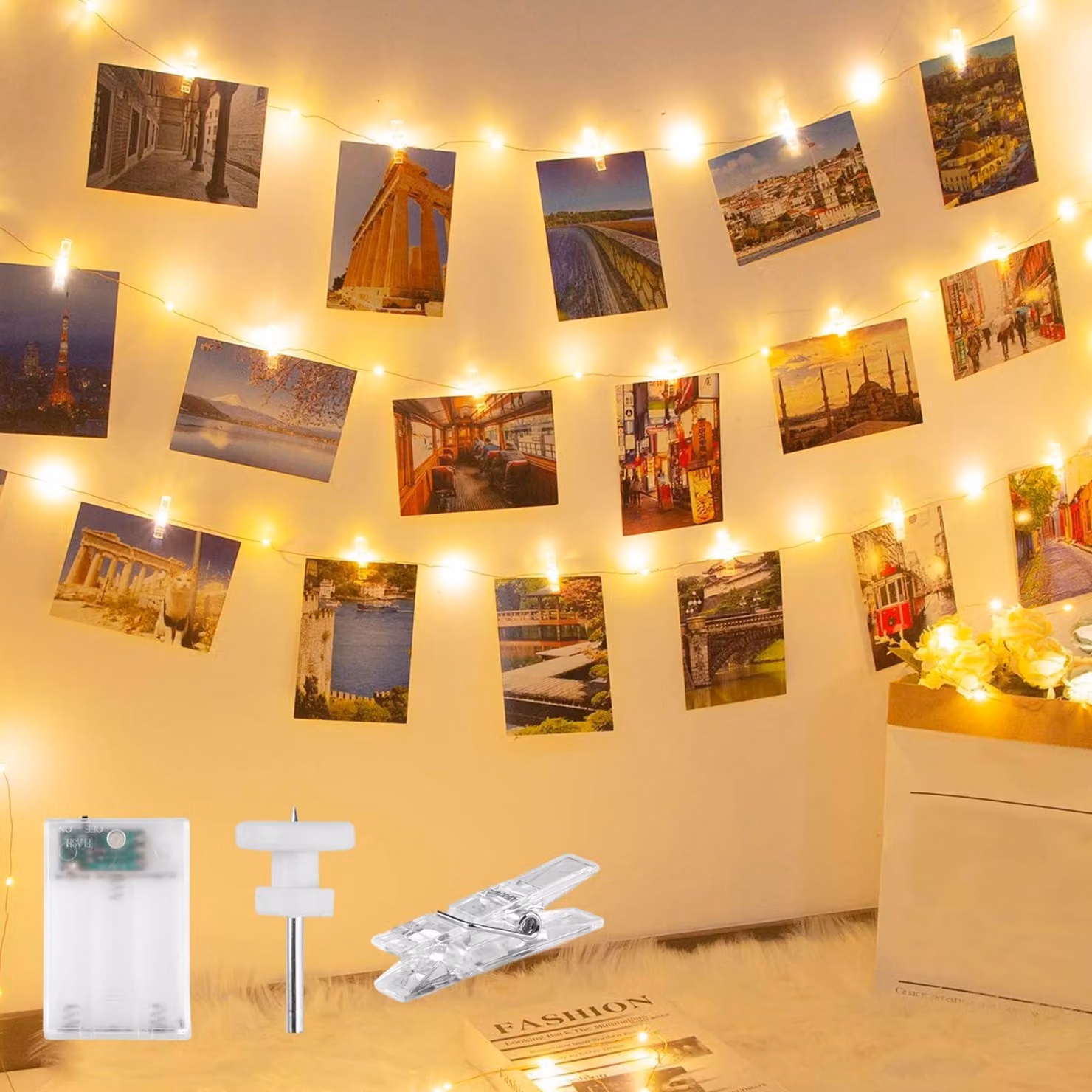 Catena luminosa da 10 metri, con 100 LED, dotata di 60 clip, alimentata a batteria