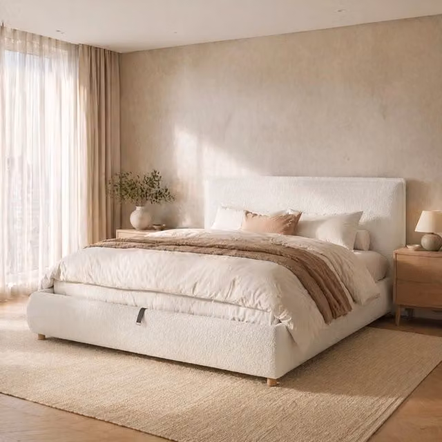 Letto matrimoniale imbottito 180 × 200 cm con vano contenitore idraulico rete a doghe bouclé bianco testiera
